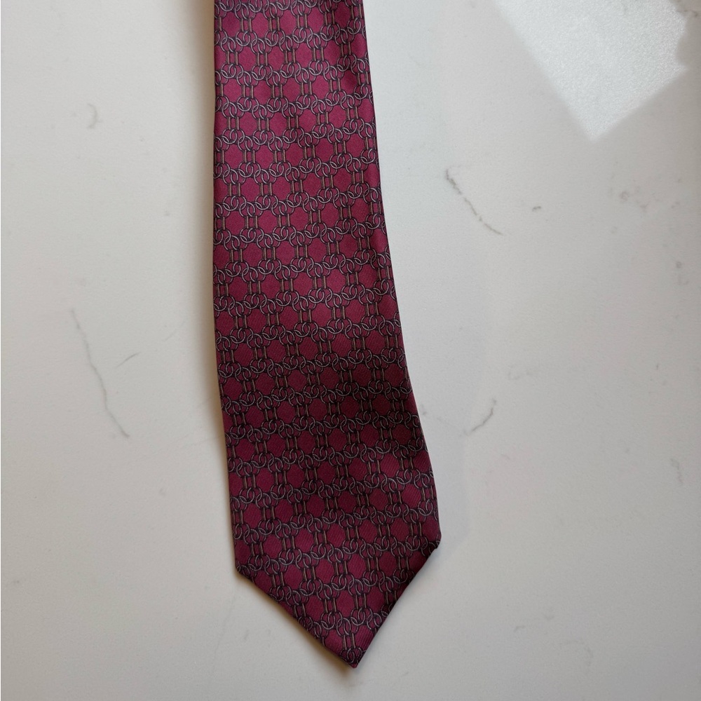 Vintage 90s Hermes Tie Red Blue Bridle Pattern 100% Silk Luxury - Made in France - Picture 3 of 4